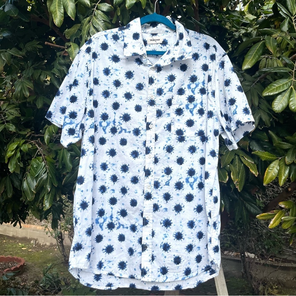 TAYLOR STITCH white blue tie dye print organic cotton linen blend button up